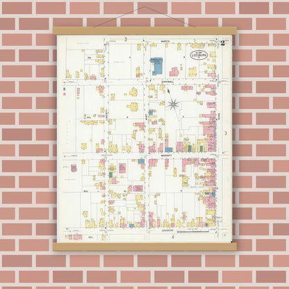 Old map wall art mockup — magnetic wood frame on brick wall — Sanborn Fire Insurance Map from Leesburg, Loudoun County, Virginia (1907), Sheet #0002