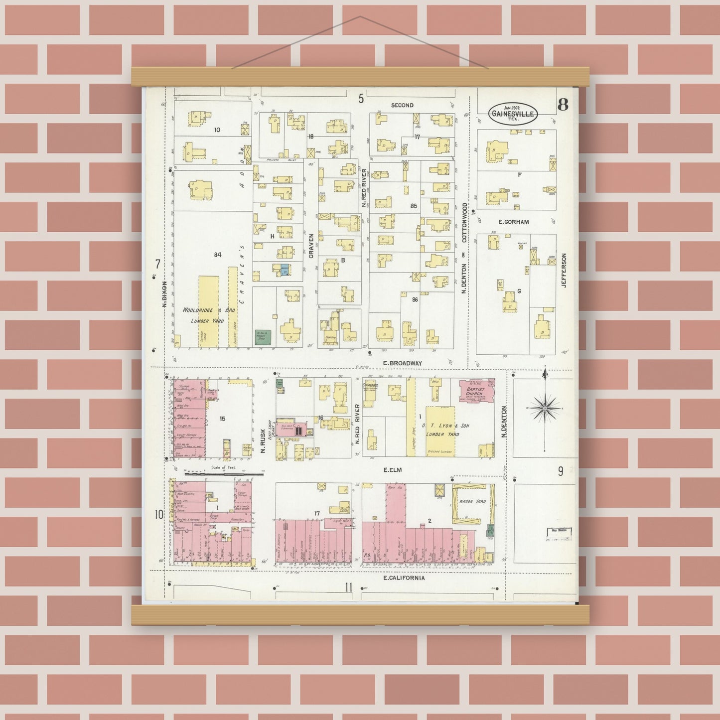 Old map wall art mockup — magnetic wood frame on brick wall — Sanborn Fire Insurance Map from Gainesville, Cooke County, Texas (1902), Sheet #0008