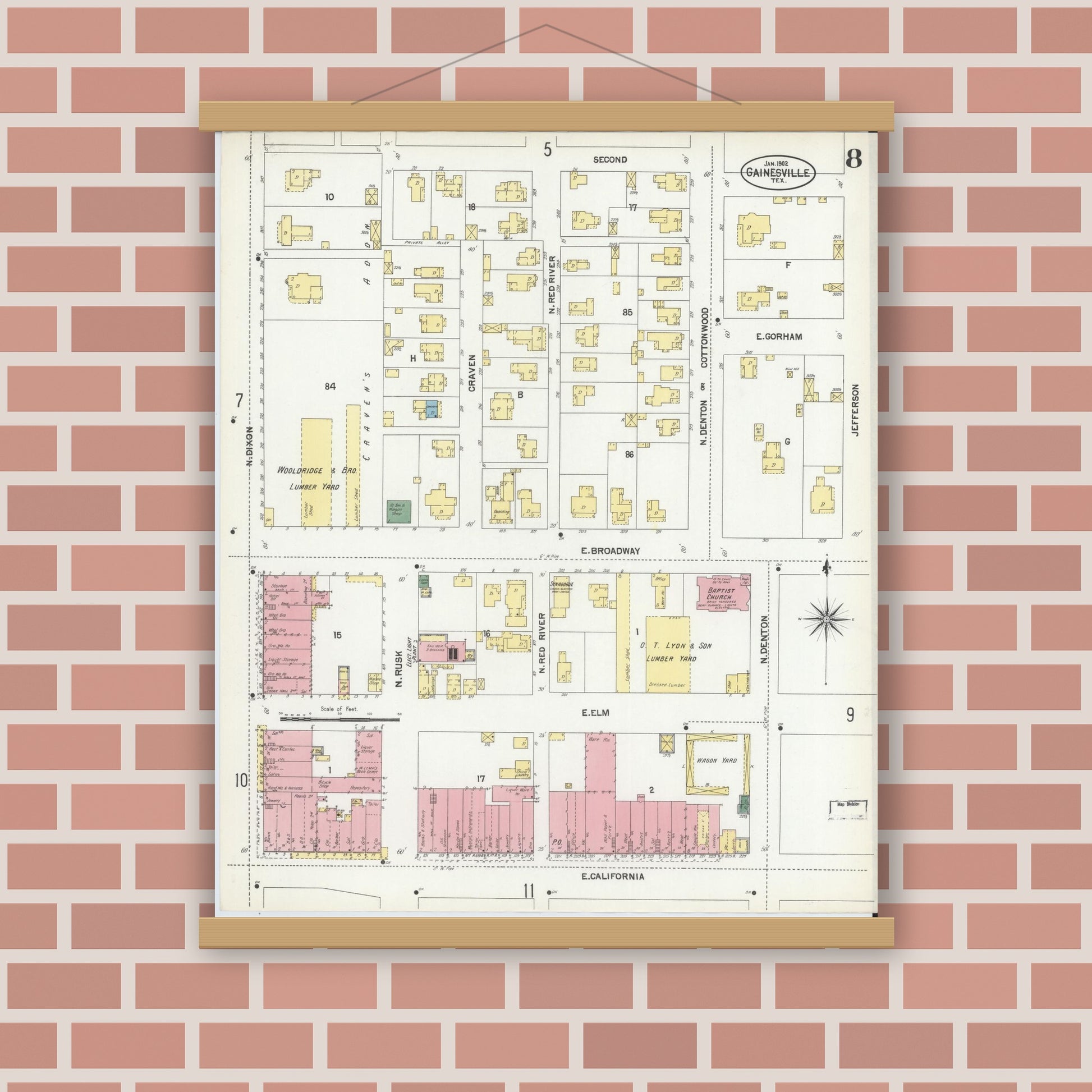 Old map wall art mockup — magnetic wood frame on brick wall — Sanborn Fire Insurance Map from Gainesville, Cooke County, Texas (1902), Sheet #0008