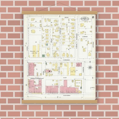 Old map wall art mockup — magnetic wood frame on brick wall — Sanborn Fire Insurance Map from Gainesville, Cooke County, Texas (1902), Sheet #0008