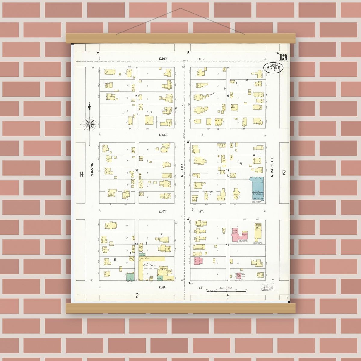 Old map wall art mockup — magnetic wood frame on brick wall — Sanborn Fire Insurance Map from Boone, Boone County, Iowa (1900), Sheet #0013