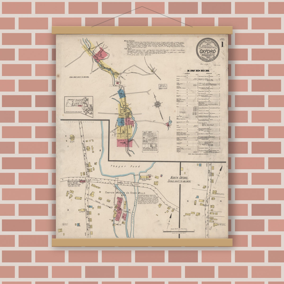 Old map wall art mockup — magnetic wood frame on brick wall — Sanborn Fire Insurance Map from Oxford, Worcester County, Massachusetts (1922) - Complete Map Set
