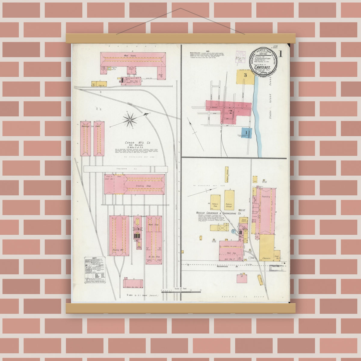 Old map wall art mockup — magnetic wood frame on brick wall — Sanborn Fire Insurance Map from Carteret, Middlesex County, New Jersey (1901) - Complete Map Set