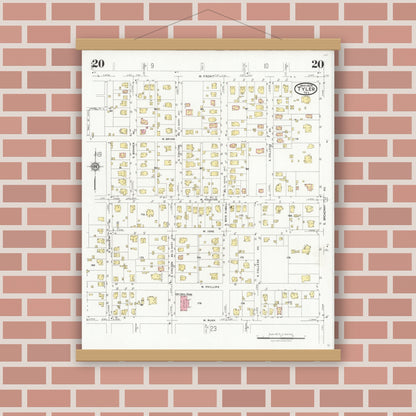Old map wall art mockup — magnetic wood frame on brick wall — Sanborn Fire Insurance Map from Tyler, Smith County, Texas (1928), Sheet #0020