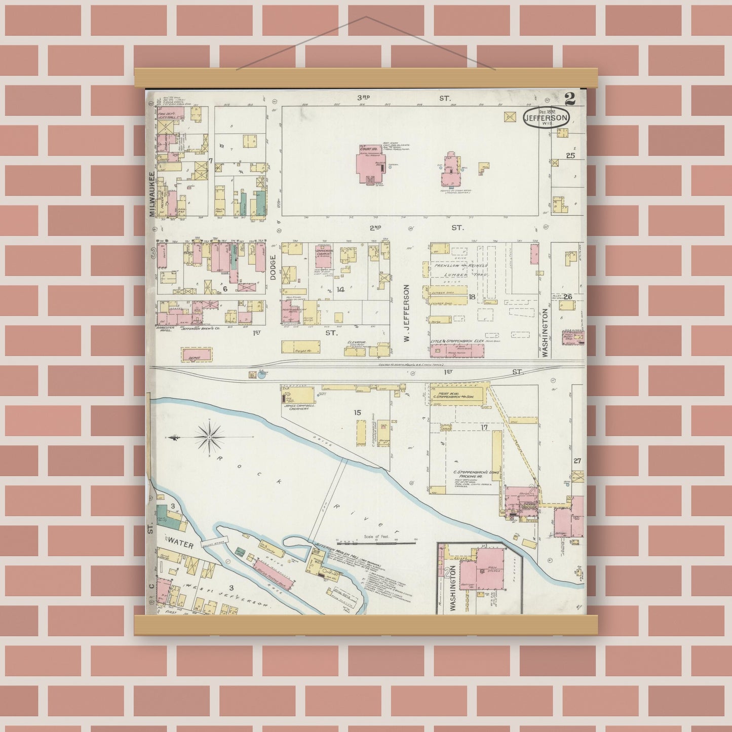 Old map wall art mockup — magnetic wood frame on brick wall — Sanborn Fire Insurance Map from Jefferson, Jefferson County, Wisconsin (1892), Sheet #0002