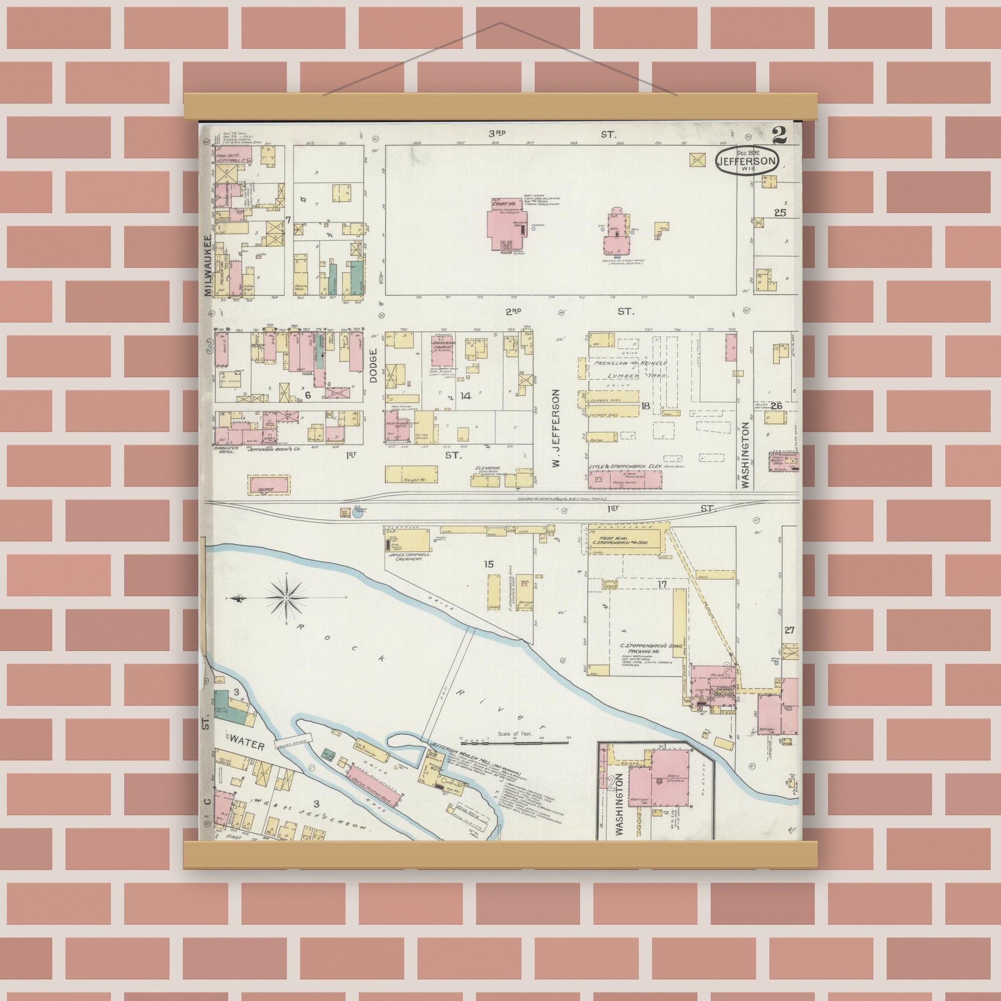 Old map wall art mockup — magnetic wood frame on brick wall — Sanborn Fire Insurance Map from Jefferson, Jefferson County, Wisconsin (1892), Sheet #0002