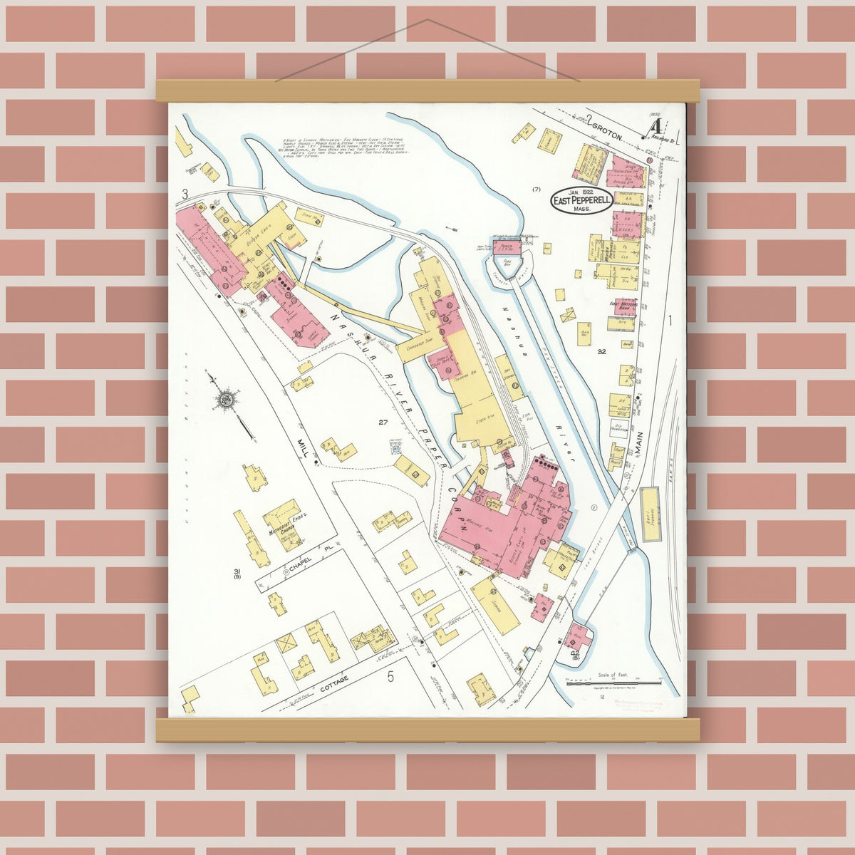 Old map wall art mockup — magnetic wood frame on brick wall — Sanborn Fire Insurance Map from East Pepperell, Middlesex County, Massachusetts (1922), Sheet #0004