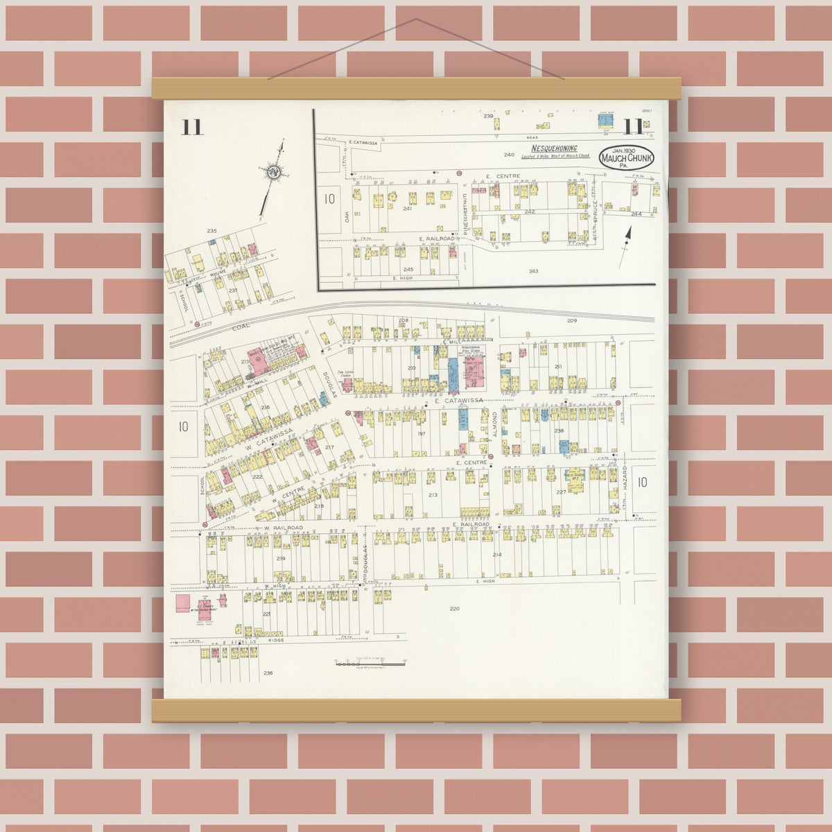Old map wall art mockup — magnetic wood frame on brick wall — Sanborn Fire Insurance Map from Mauch Chunk, Carbon County, Pennsylvania (1930), Sheet #0011