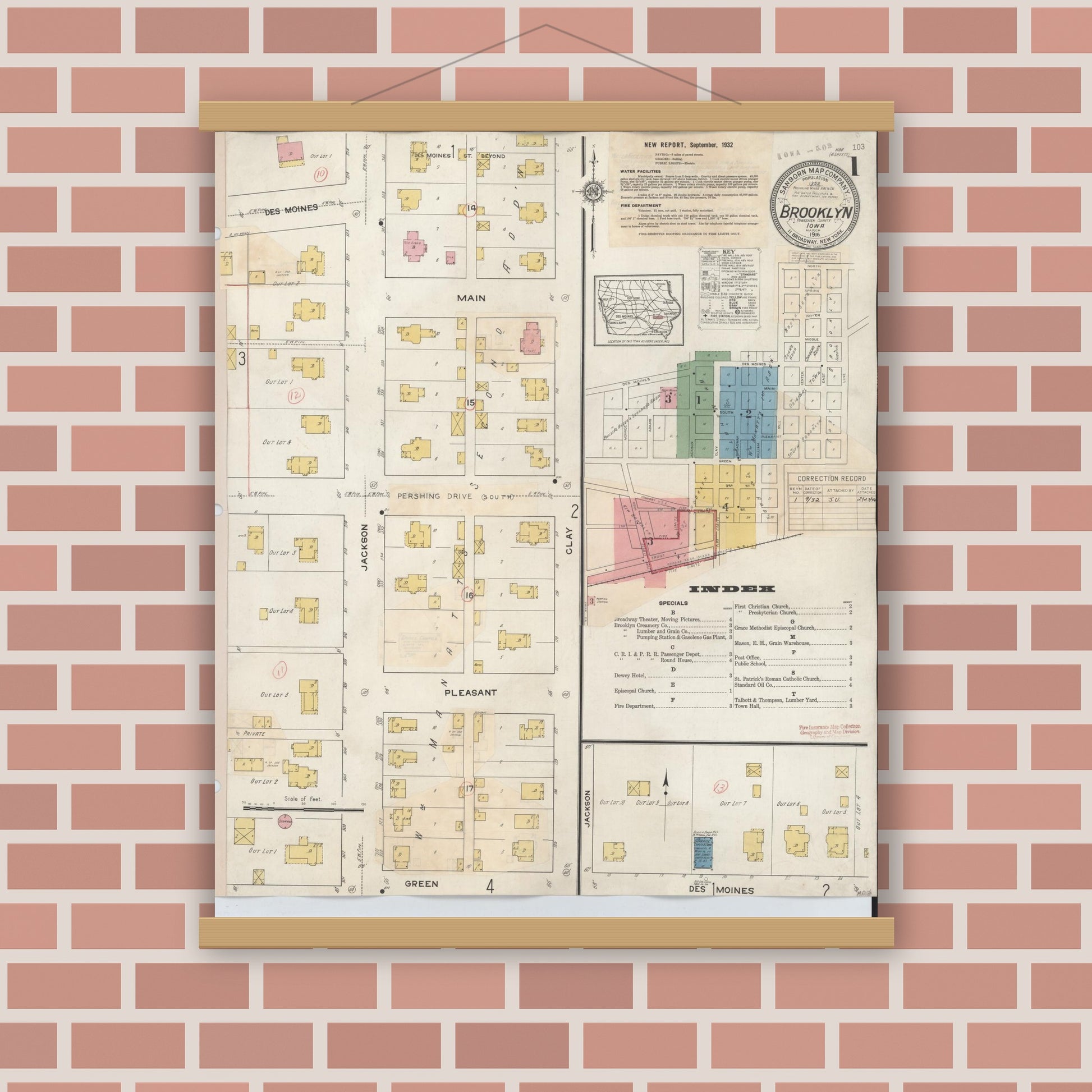 Old map wall art mockup — magnetic wood frame on brick wall — Sanborn Fire Insurance Map from Brooklyn, Poweshiek County, Iowa (1932) â€” Complete Set