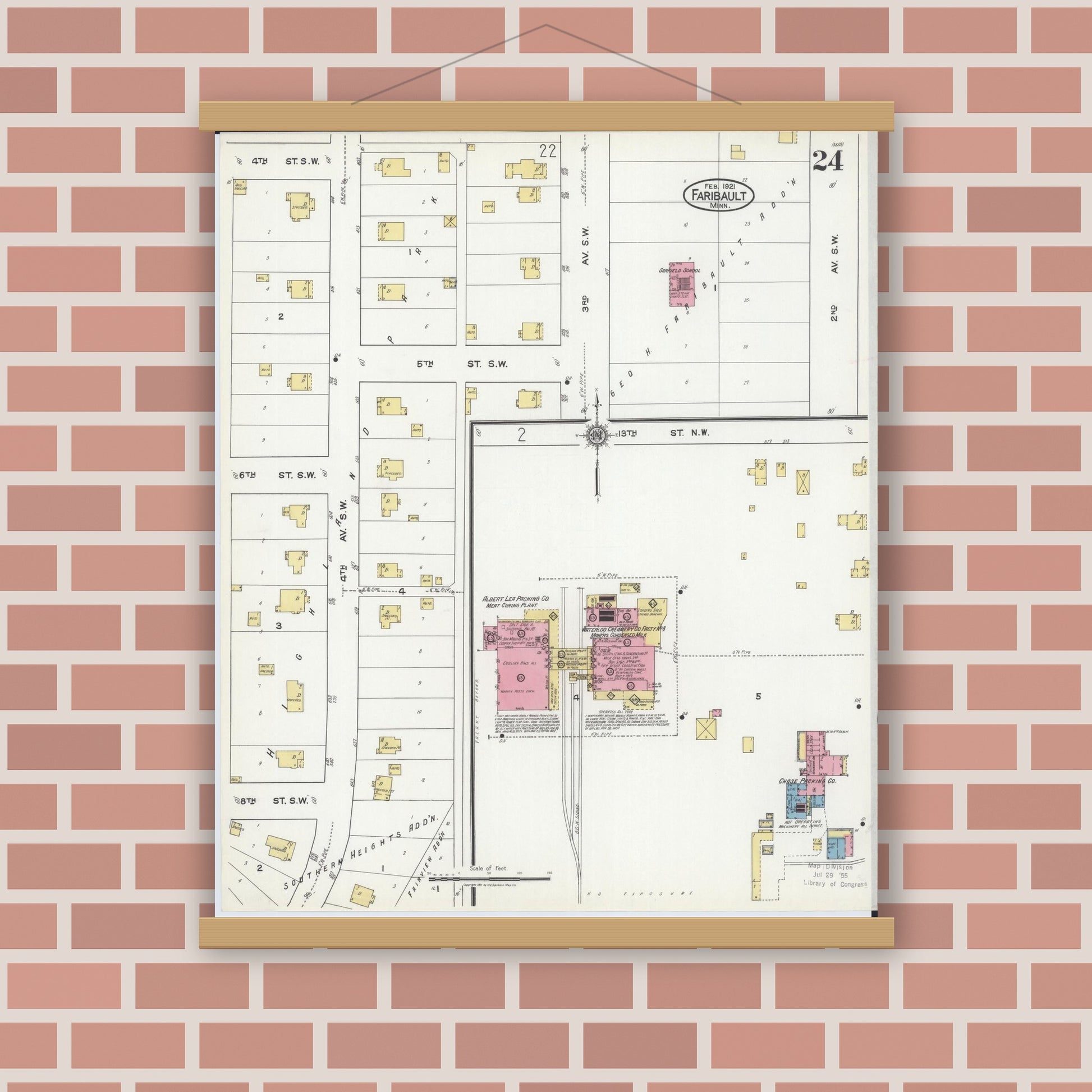 Old map wall art mockup — magnetic wood frame on brick wall — Sanborn Fire Insurance Map from Faribault, Rice County, Minnesota (1921), Sheet #0024