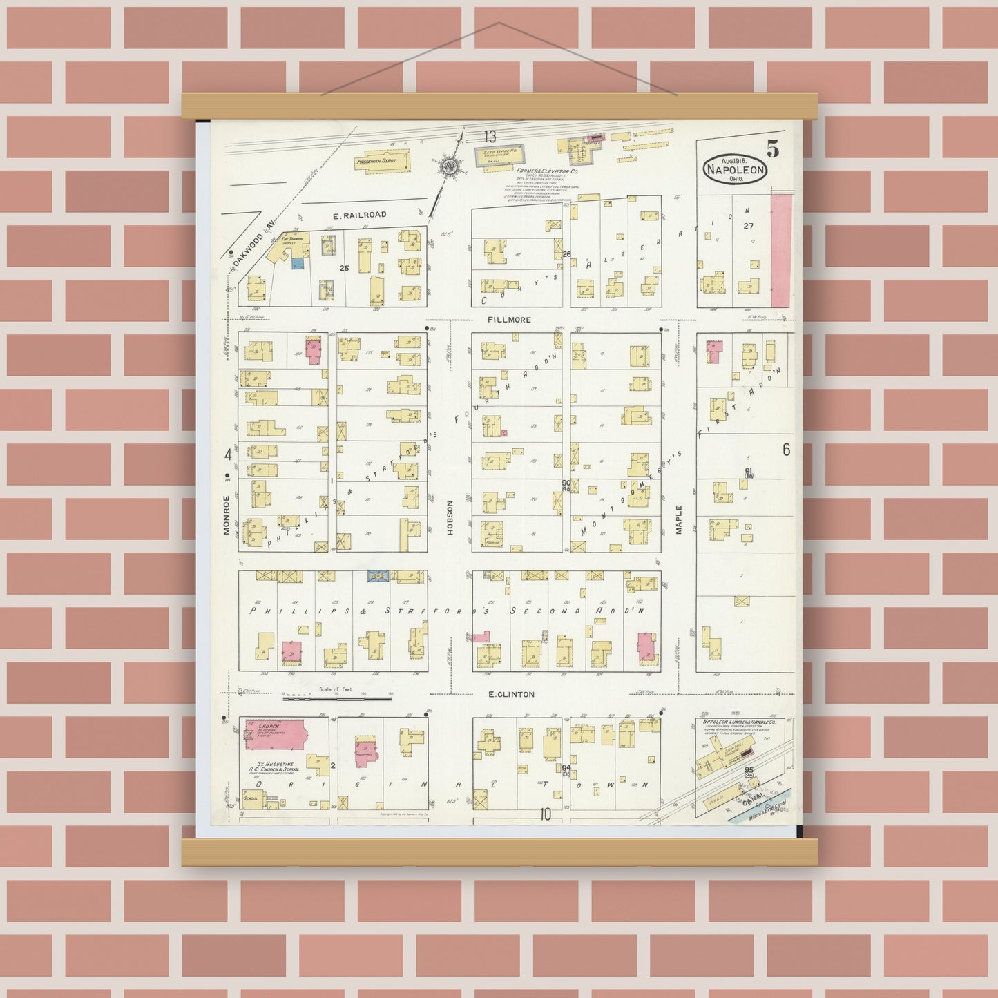 Old map wall art mockup — magnetic wood frame on brick wall — Sanborn Fire Insurance Map from Napoleon, Henry County, Ohio (1916), Sheet #0005