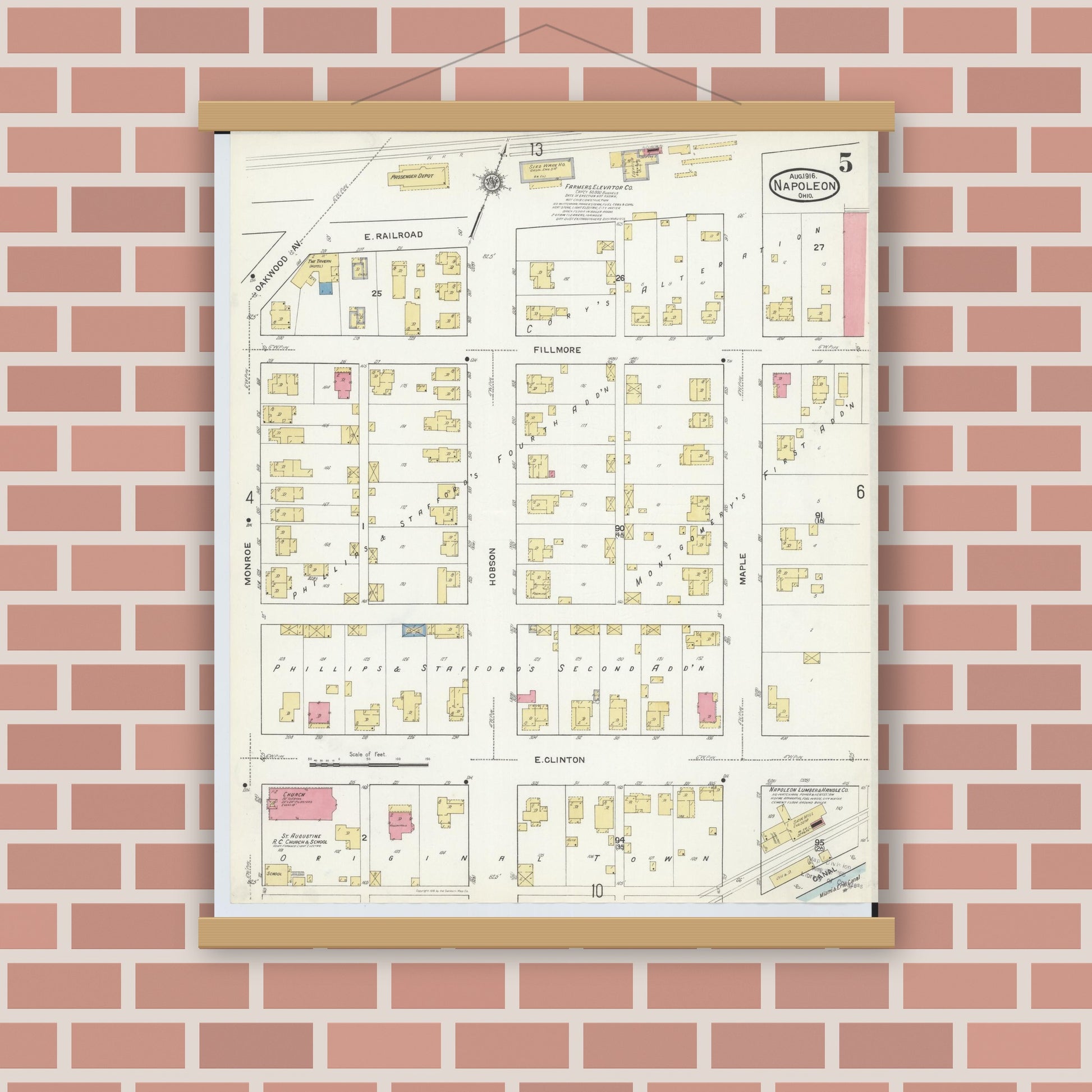 Old map wall art mockup — magnetic wood frame on brick wall — Sanborn Fire Insurance Map from Napoleon, Henry County, Ohio (1916), Sheet #0005