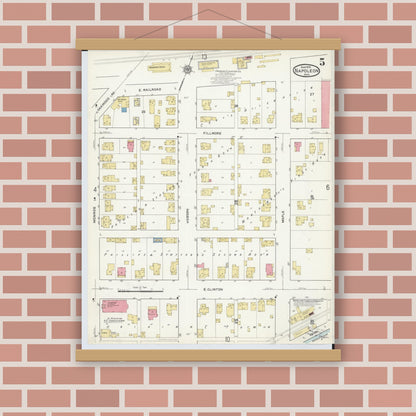 Old map wall art mockup — magnetic wood frame on brick wall — Sanborn Fire Insurance Map from Napoleon, Henry County, Ohio (1916), Sheet #0005
