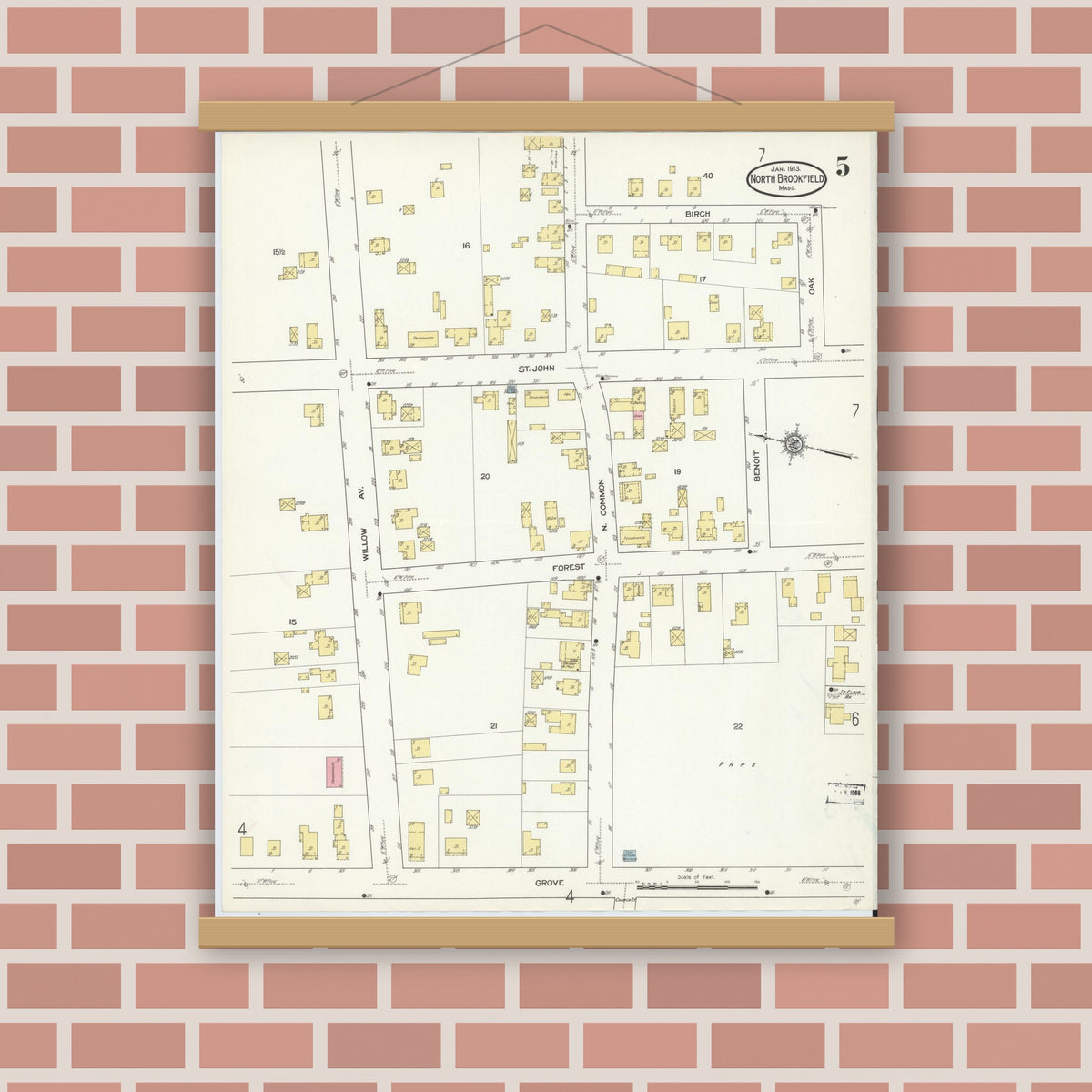 Old map wall art mockup — magnetic wood frame on brick wall — Sanborn Fire Insurance Map from North Brookfield, Worcester County, Massachusetts (1913), Sheet #0005