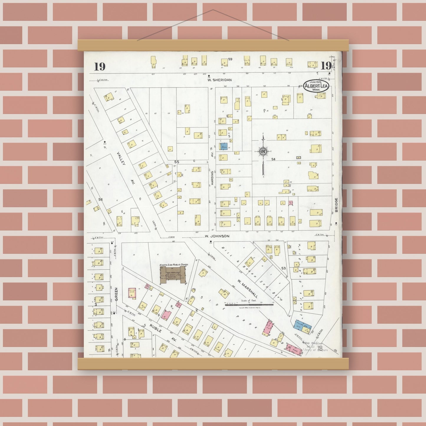Old map wall art mockup — magnetic wood frame on brick wall — Sanborn Fire Insurance Map from Albert Lea, Freeborn County, Minnesota (1926), Sheet #0019