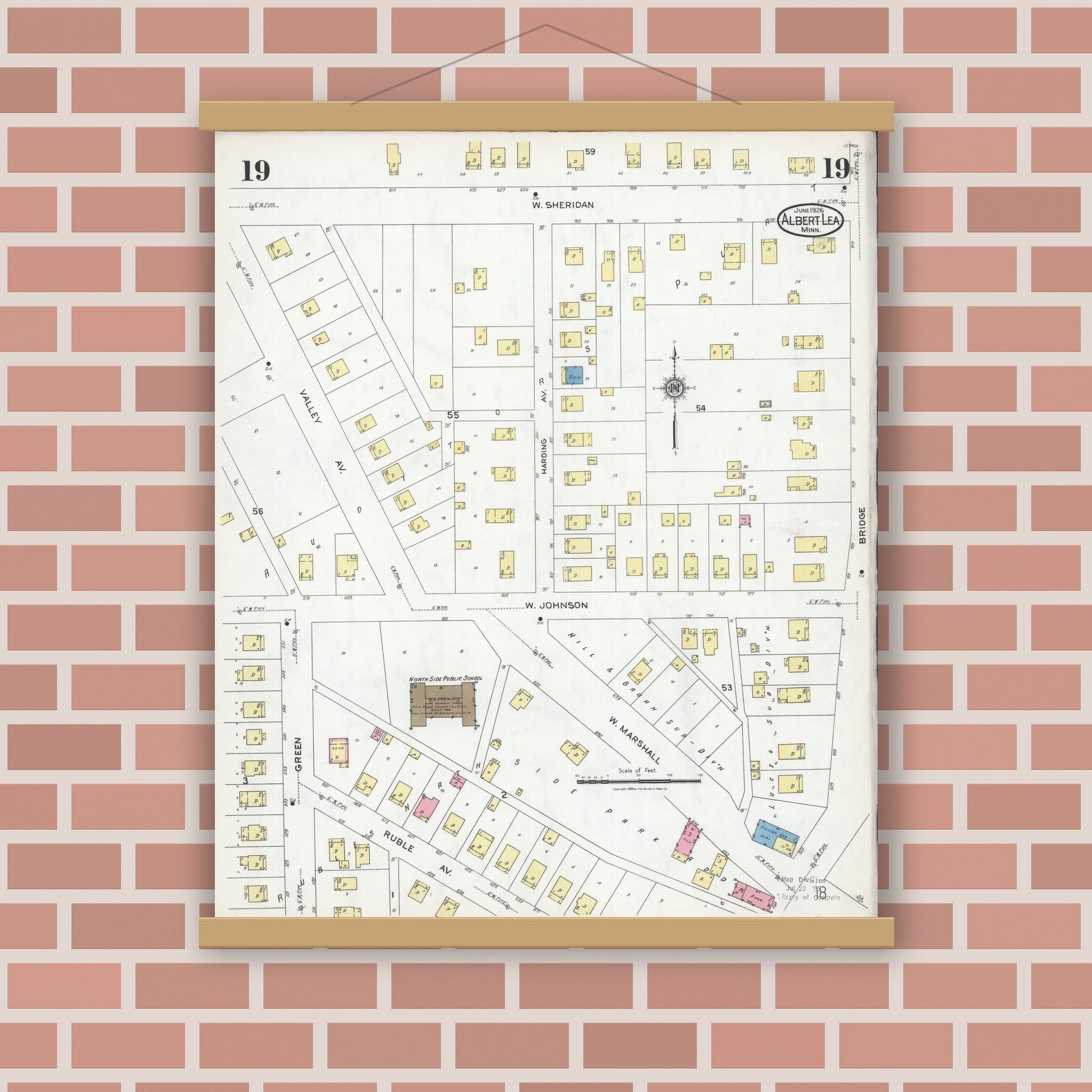 Old map wall art mockup — magnetic wood frame on brick wall — Sanborn Fire Insurance Map from Albert Lea, Freeborn County, Minnesota (1926), Sheet #0019