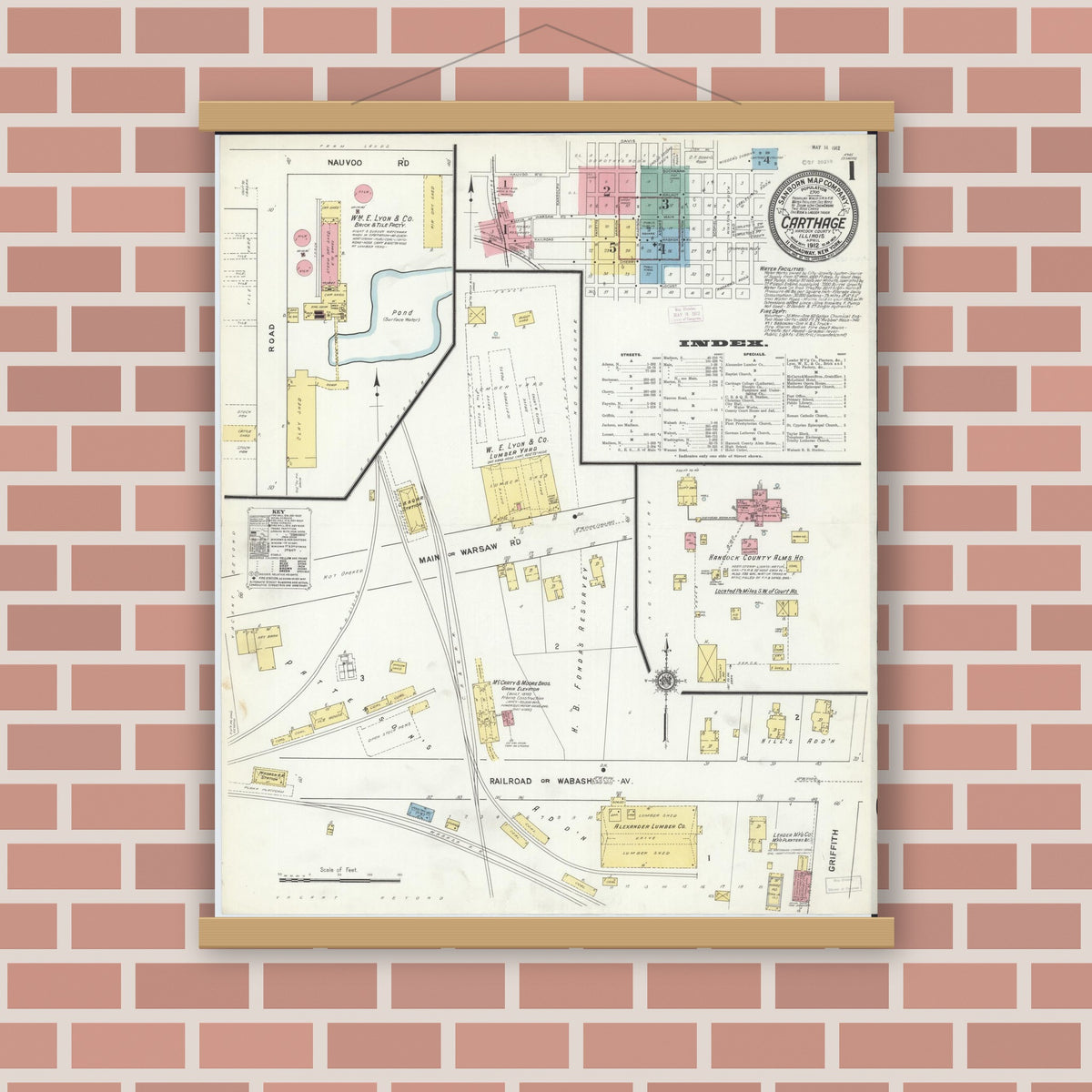 Old map wall art mockup — magnetic wood frame on brick wall — Sanborn Fire Insurance Map from Carthage, Hancock County, Illinois (1912) - Complete Map Set