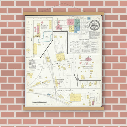 Old map wall art mockup — magnetic wood frame on brick wall — Sanborn Fire Insurance Map from Carthage, Hancock County, Illinois (1912) - Complete Map Set