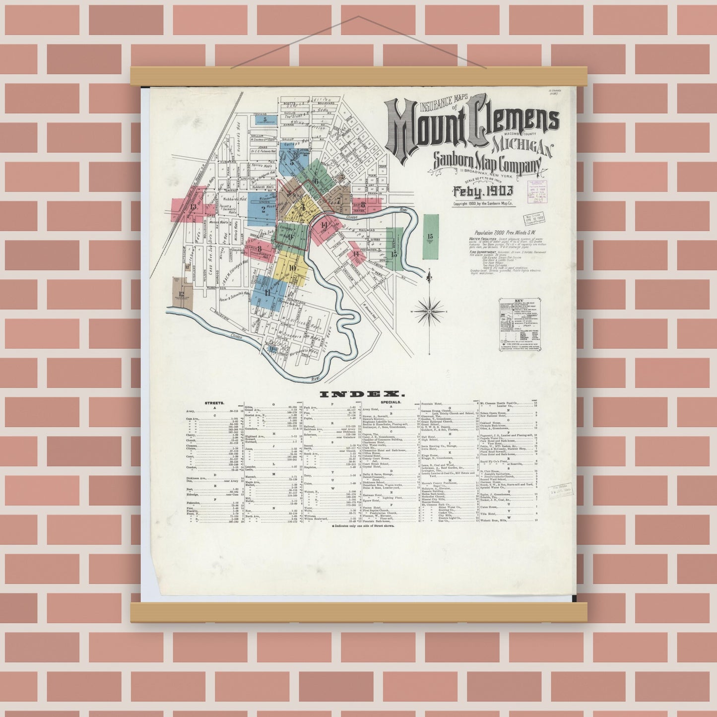 Old map wall art mockup — magnetic wood frame on brick wall — Sanborn Fire Insurance Map from Mount Clemens, Macomb County, Michigan (1903), Sheet #0001