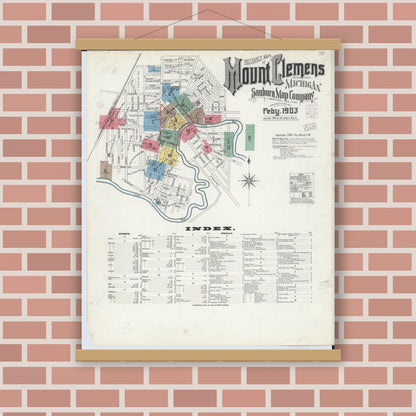 Old map wall art mockup — magnetic wood frame on brick wall — Sanborn Fire Insurance Map from Mount Clemens, Macomb County, Michigan (1903), Sheet #0001