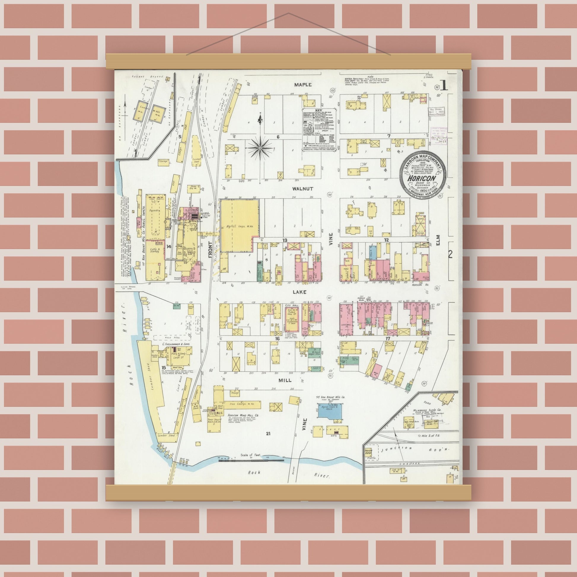 Old map wall art mockup — magnetic wood frame on brick wall — Sanborn Fire Insurance Map from Horicon, Dodge County, Wisconsin (1904) - Complete Map Set