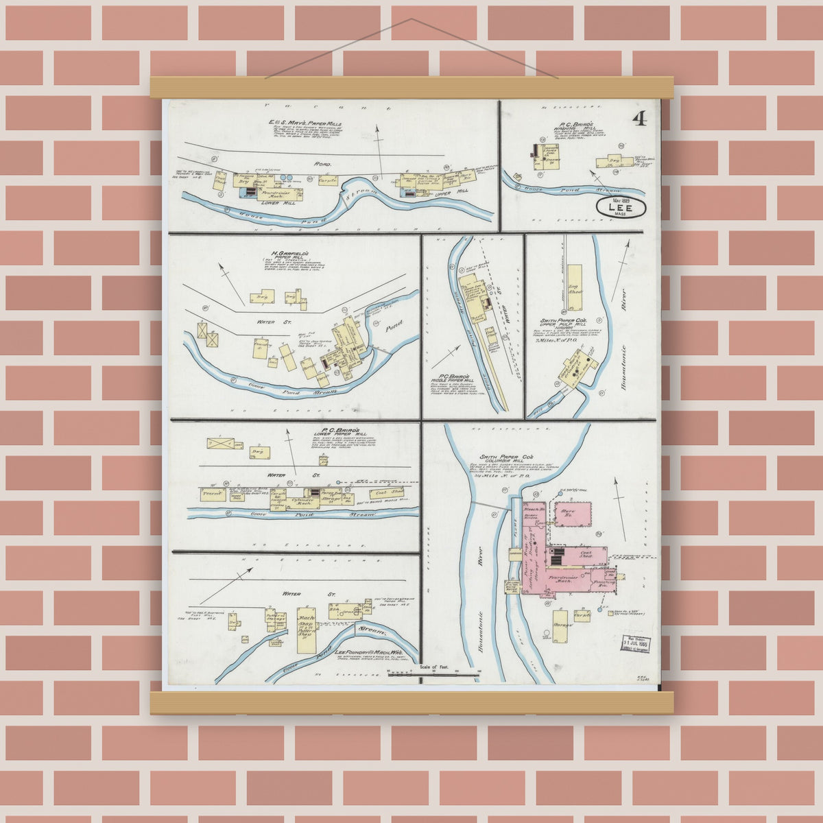 Old map wall art mockup — magnetic wood frame on brick wall — Sanborn Fire Insurance Map from Lee, Berkshire County, Massachusetts (1889), Sheet #0004