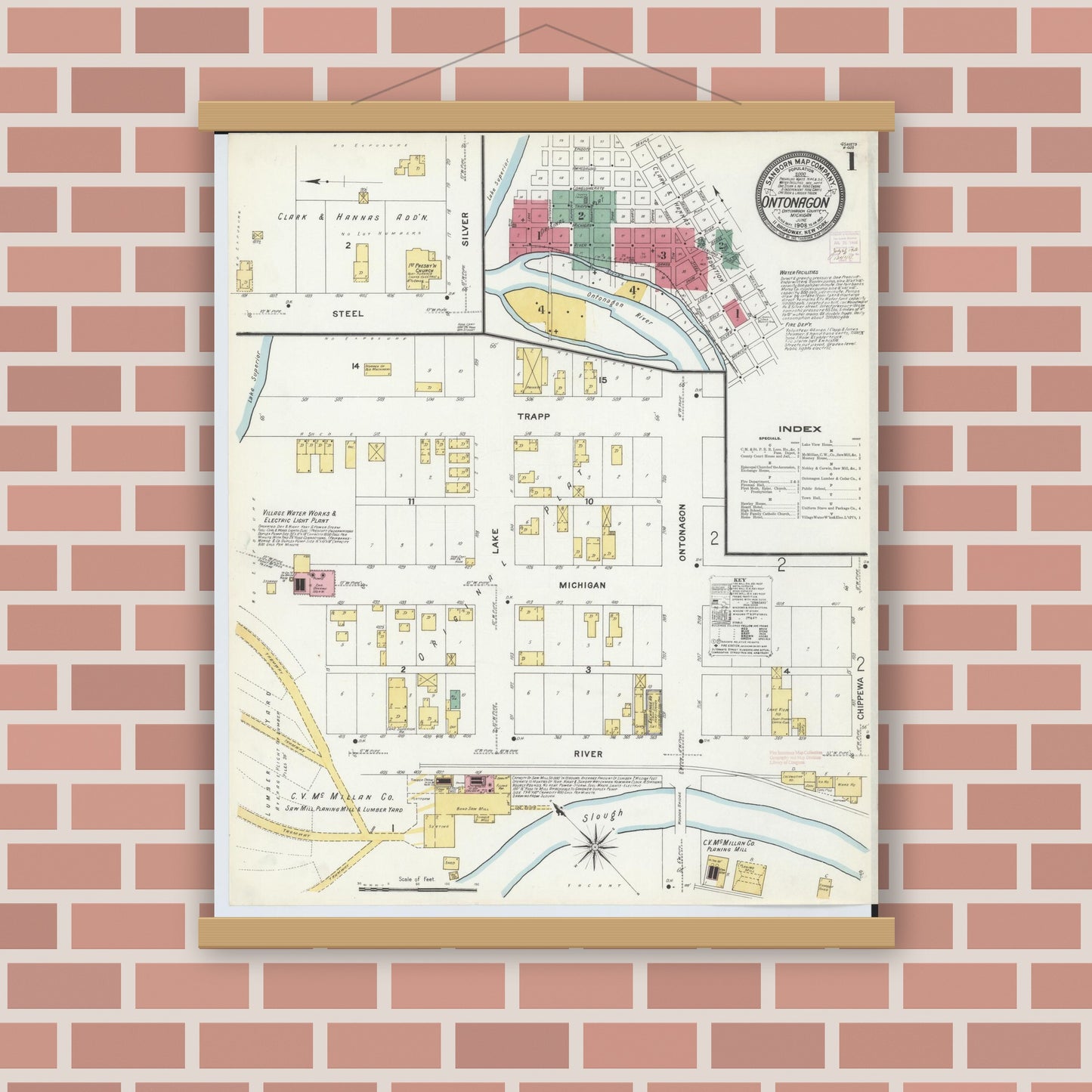 Old map wall art mockup — magnetic wood frame on brick wall — Sanborn Fire Insurance Map from Ontonagon, Ontonagon County, Michigan (1908) - Complete Map Set