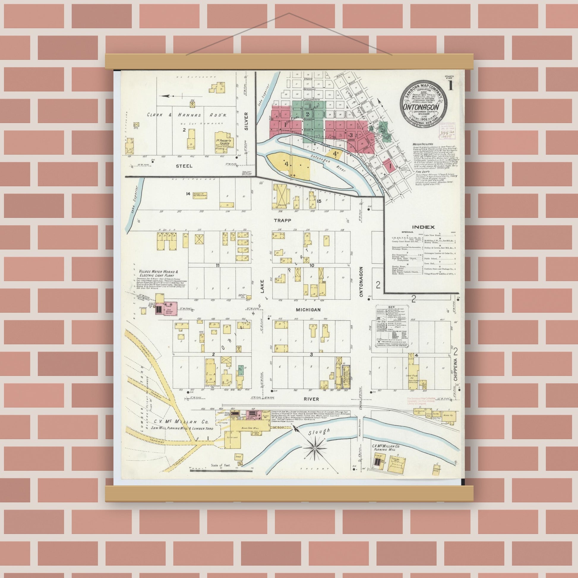 Old map wall art mockup — magnetic wood frame on brick wall — Sanborn Fire Insurance Map from Ontonagon, Ontonagon County, Michigan (1908) - Complete Map Set