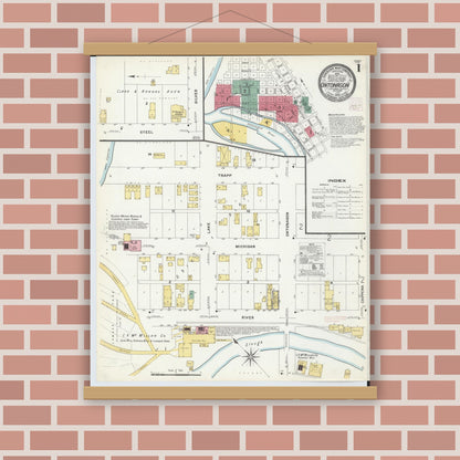 Old map wall art mockup — magnetic wood frame on brick wall — Sanborn Fire Insurance Map from Ontonagon, Ontonagon County, Michigan (1908) - Complete Map Set