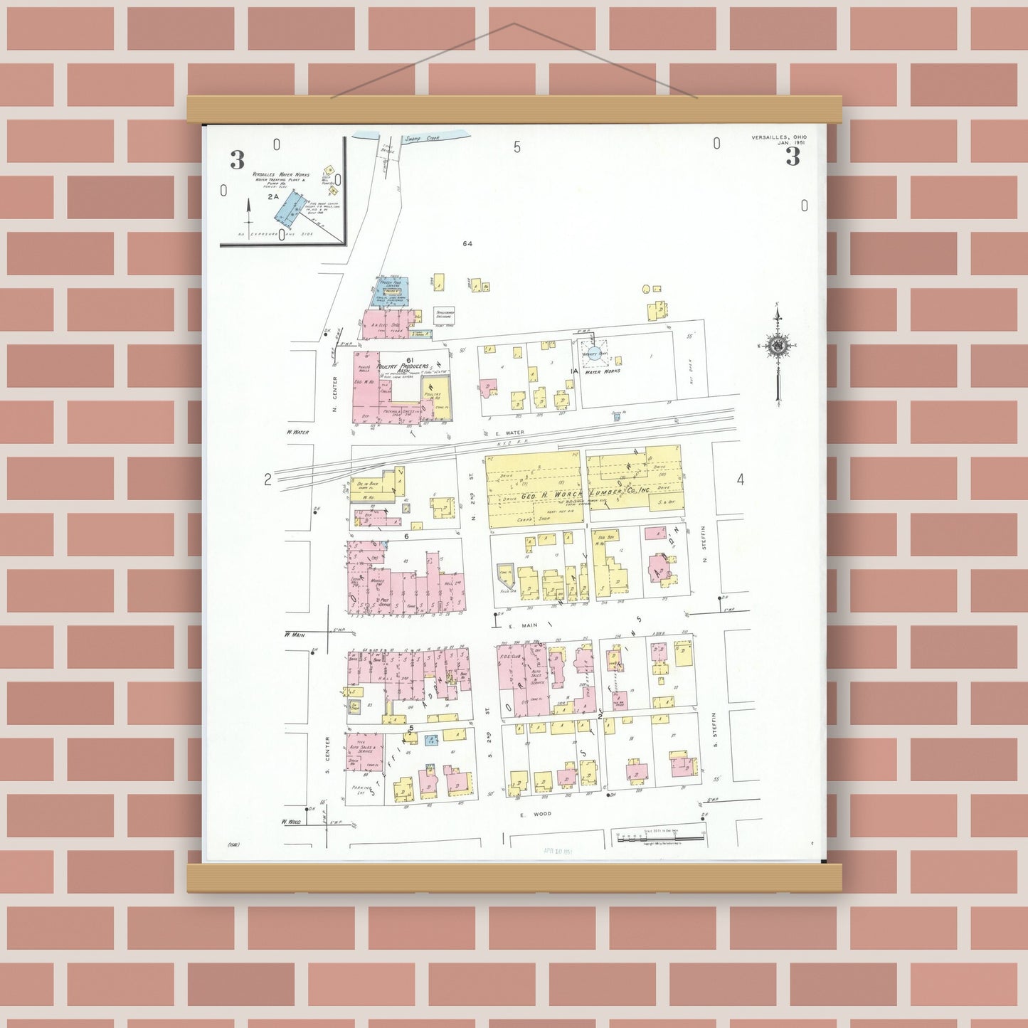Old map wall art mockup — magnetic wood frame on brick wall — Sanborn Fire Insurance Map from Versailles, Darke County, Ohio (1951), Sheet #0003
