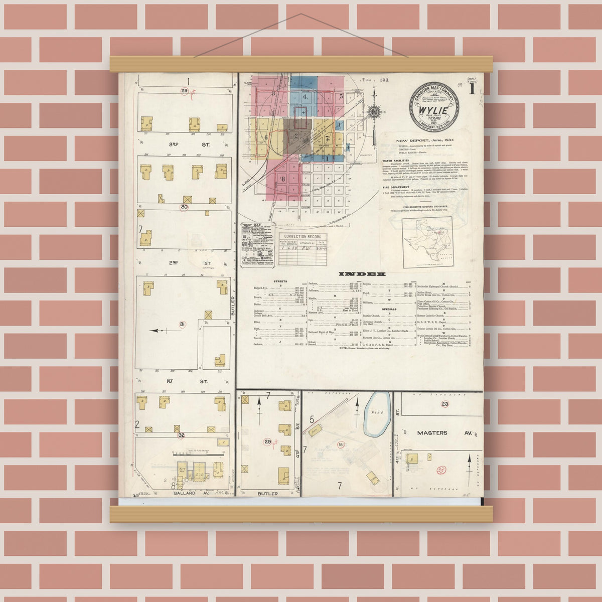 Old map wall art mockup — magnetic wood frame on brick wall — Sanborn Fire Insurance Map from Wylie, Collin County, Texas (1934) - Complete Map Set