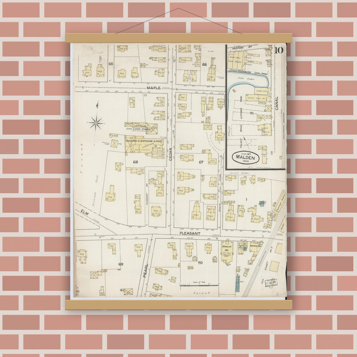 Old map wall art mockup — magnetic wood frame on brick wall — Sanborn Fire Insurance Map from Malden, Middlesex County, Massachusetts (1887), Sheet #0010
