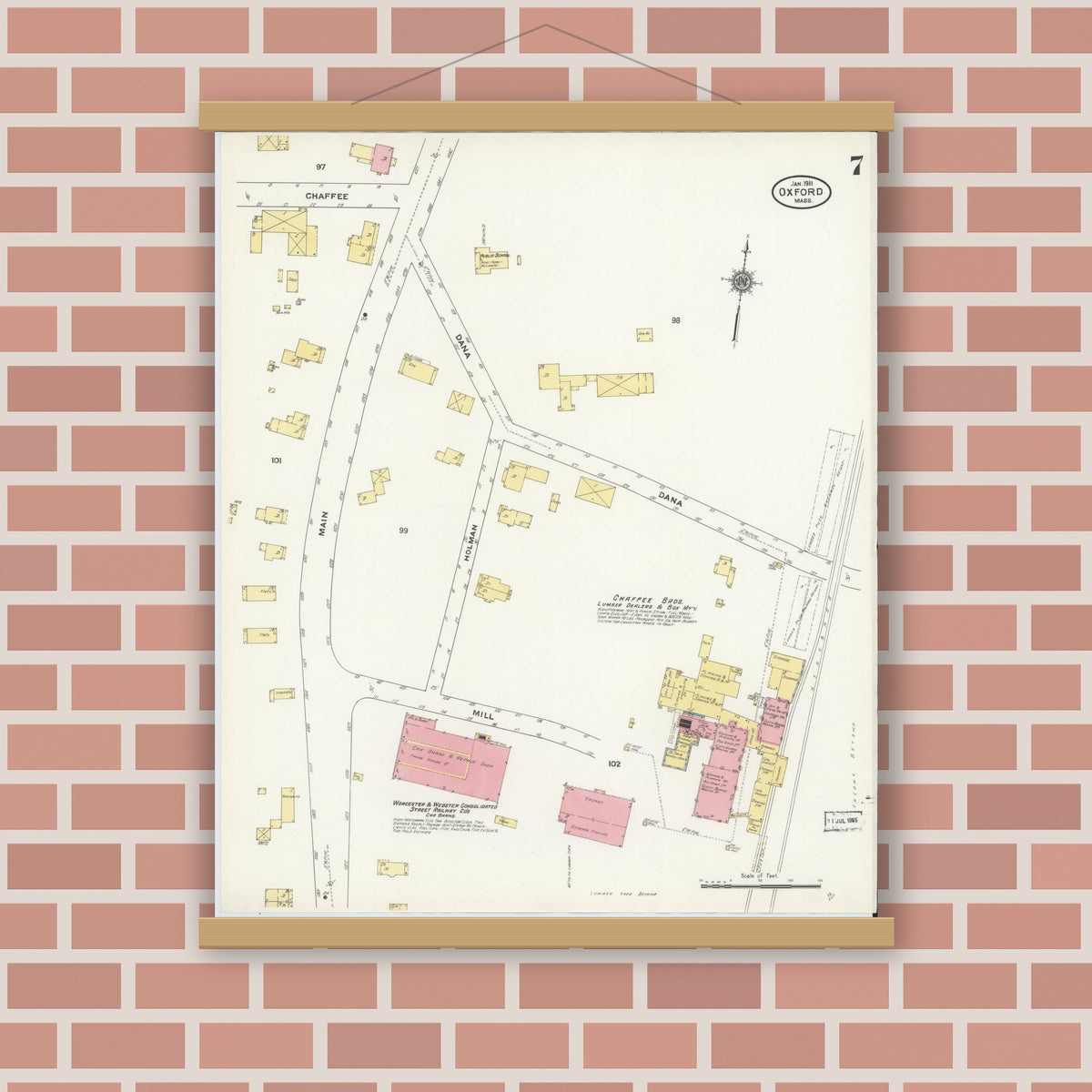 Old map wall art mockup — magnetic wood frame on brick wall — Sanborn Fire Insurance Map from Oxford, Worcester County, Massachusetts (1911), Sheet #0007