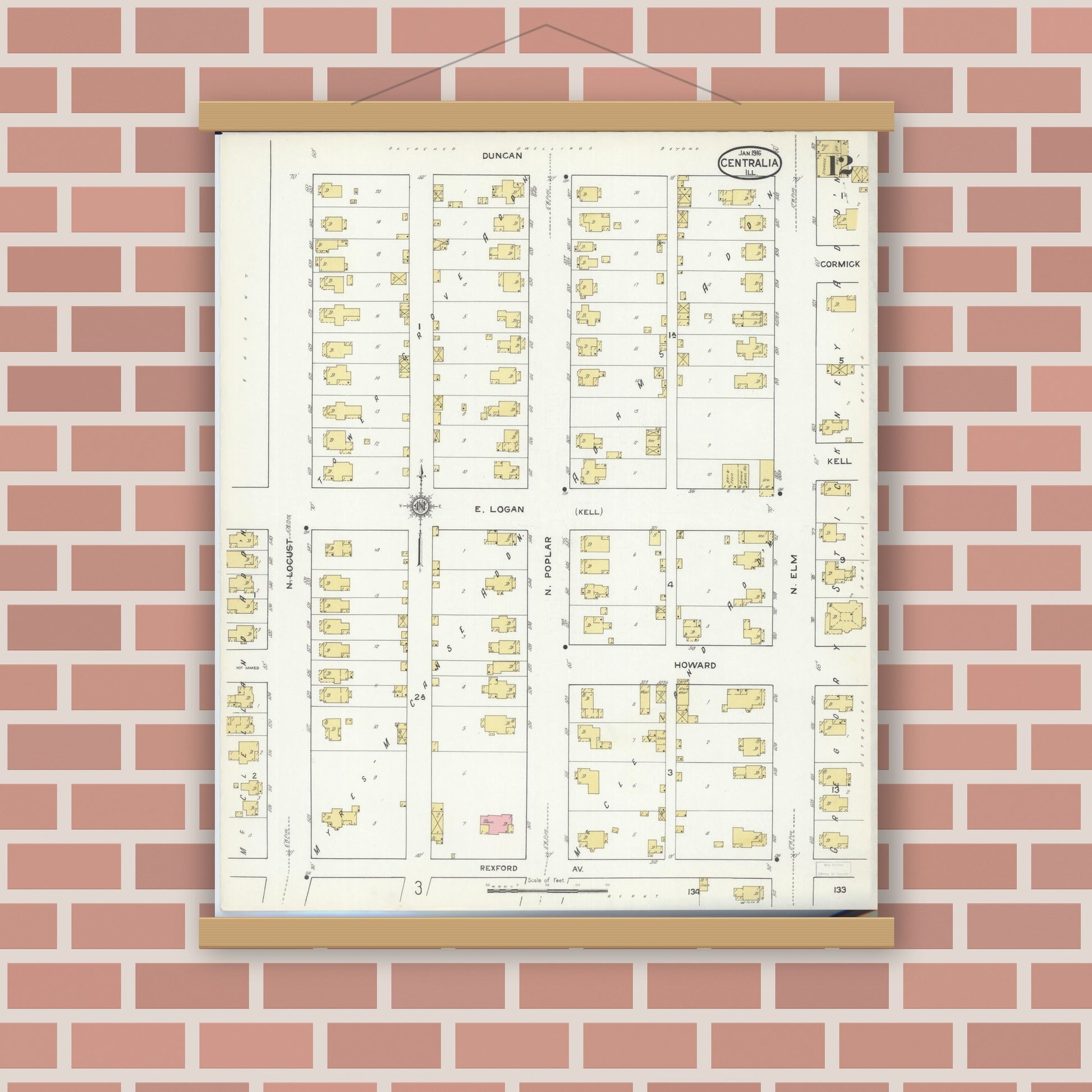 Old map wall art mockup — magnetic wood frame on brick wall — Sanborn Fire Insurance Map from Centralia, Marion, Clinton, Jefferson, and Washington Counties, Illinois (1916), Sheet #0012