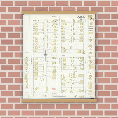 Old map wall art mockup — magnetic wood frame on brick wall — Sanborn Fire Insurance Map from Centralia, Marion, Clinton, Jefferson, and Washington Counties, Illinois (1916), Sheet #0012