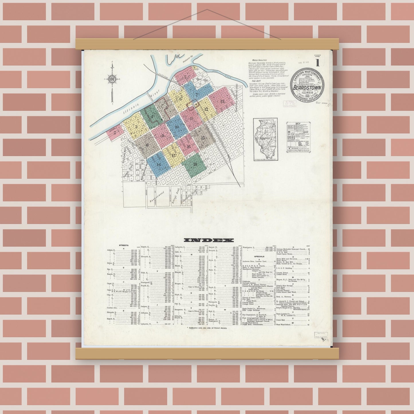 Old map wall art mockup — magnetic wood frame on brick wall — Sanborn Fire Insurance Map from Beardstown, Cass County, Illinois (1913), Sheet #0001