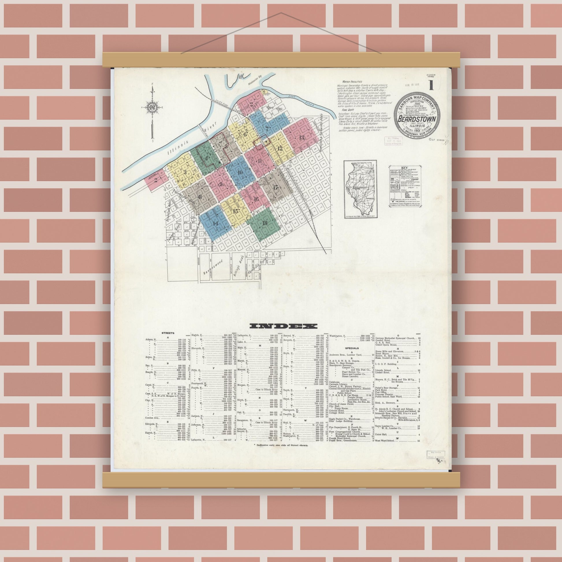 Old map wall art mockup — magnetic wood frame on brick wall — Sanborn Fire Insurance Map from Beardstown, Cass County, Illinois (1913), Sheet #0001