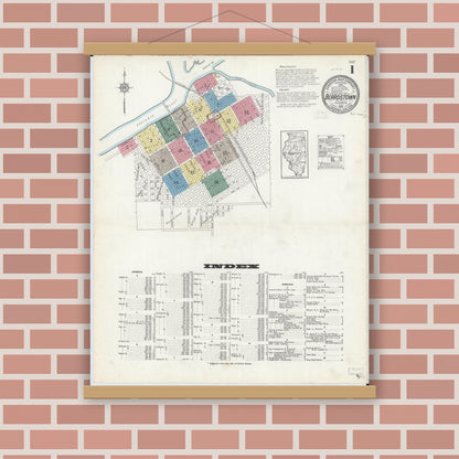 Old map wall art mockup — magnetic wood frame on brick wall — Sanborn Fire Insurance Map from Beardstown, Cass County, Illinois (1913), Sheet #0001