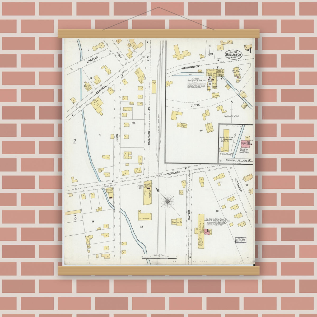 Old map wall art mockup — magnetic wood frame on brick wall — Sanborn Fire Insurance Map from Holliston, Middlesex County, Massachusetts (1901), Sheet #0004