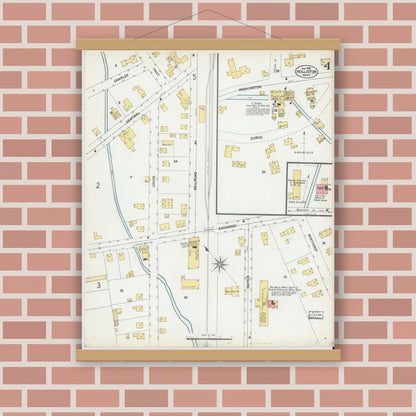 Old map wall art mockup — magnetic wood frame on brick wall — Sanborn Fire Insurance Map from Holliston, Middlesex County, Massachusetts (1901), Sheet #0004