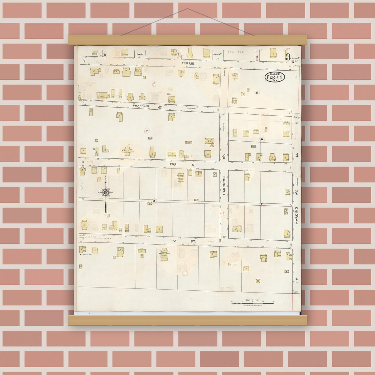 Old map wall art mockup — magnetic wood frame on brick wall — Sanborn Fire Insurance Map from Ferris, Ellis County, Texas (1941), Sheet #0003