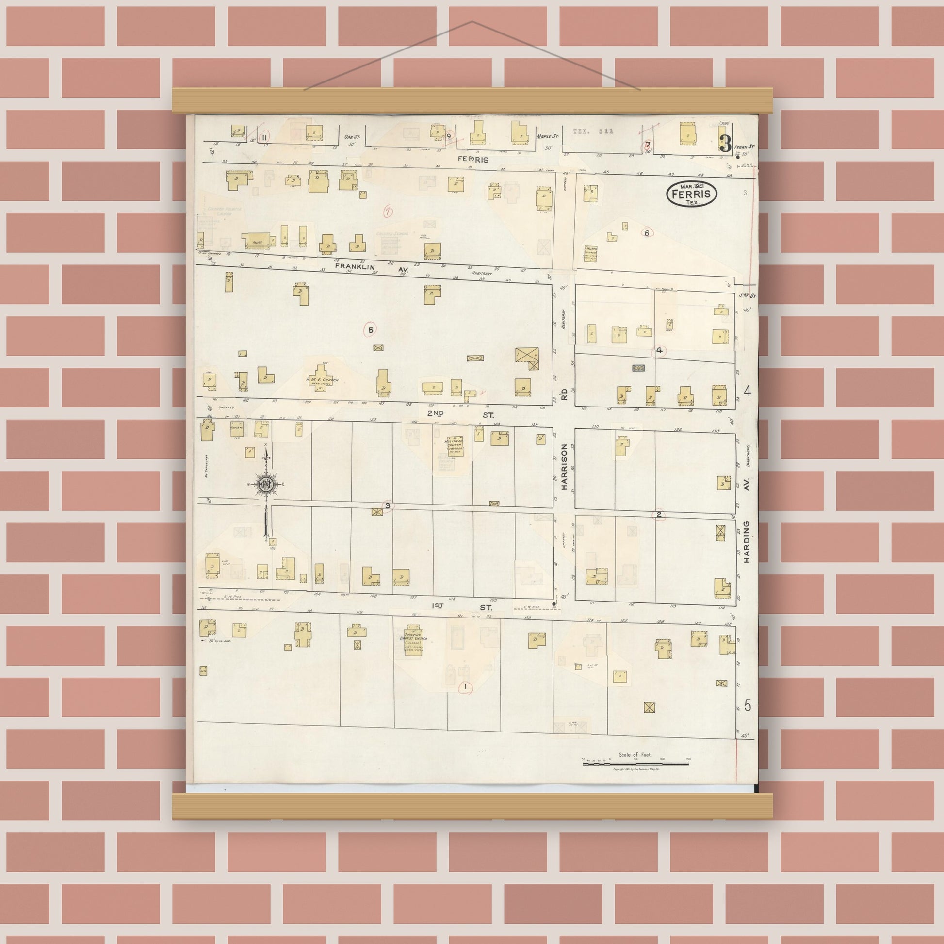Old map wall art mockup — magnetic wood frame on brick wall — Sanborn Fire Insurance Map from Ferris, Ellis County, Texas (1941), Sheet #0003