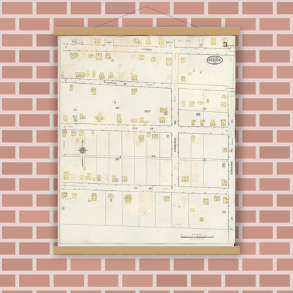Old map wall art mockup — magnetic wood frame on brick wall — Sanborn Fire Insurance Map from Ferris, Ellis County, Texas (1941), Sheet #0003