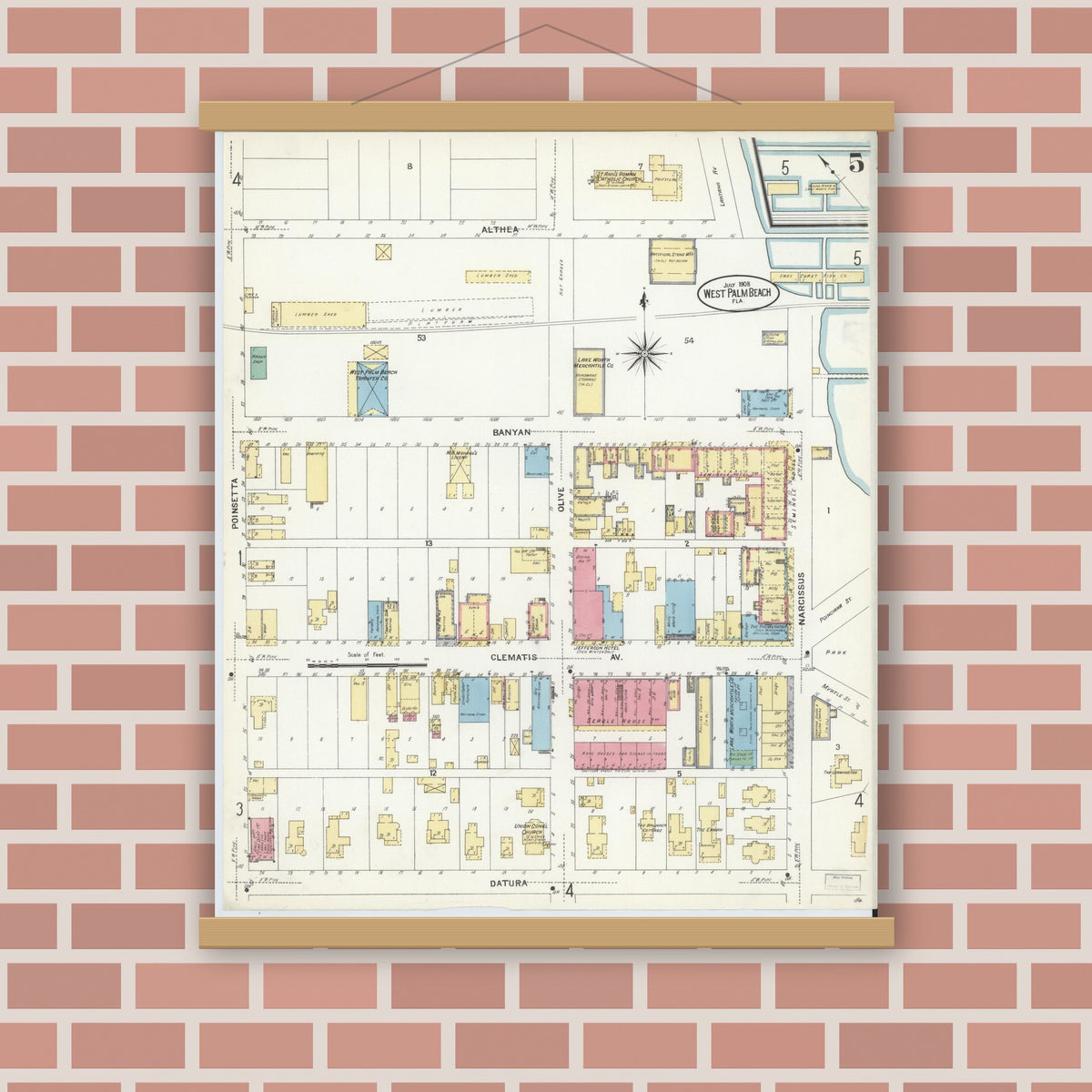Old map wall art mockup — magnetic wood frame on brick wall — Sanborn Fire Insurance Map from West Palm Beach, Dade County, Florida (1908), Sheet #0005