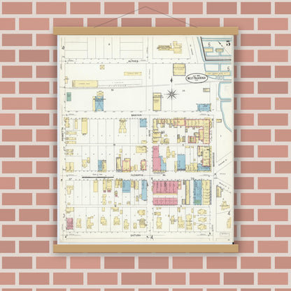 Old map wall art mockup — magnetic wood frame on brick wall — Sanborn Fire Insurance Map from West Palm Beach, Dade County, Florida (1908), Sheet #0005