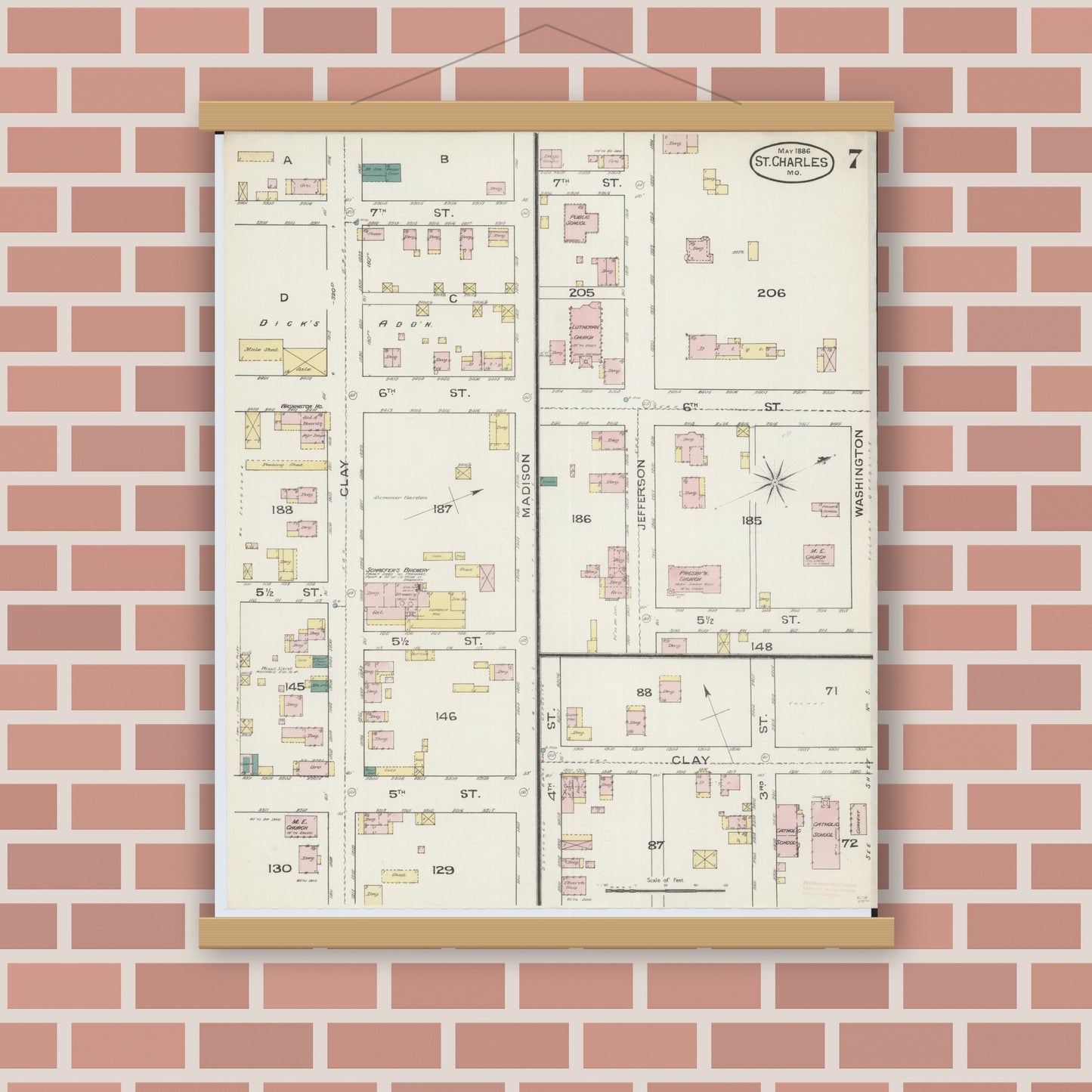 Old map wall art mockup — magnetic wood frame on brick wall — Sanborn Fire Insurance Map from Saint Charles, Saint Charles County, Missouri (1886), Sheet #0007