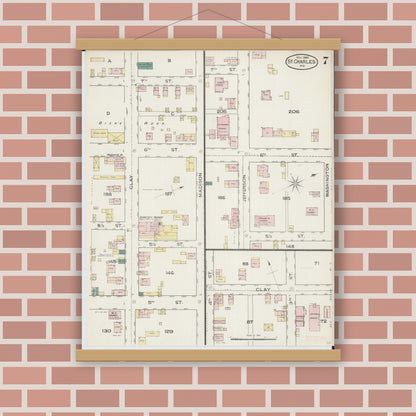 Old map wall art mockup — magnetic wood frame on brick wall — Sanborn Fire Insurance Map from Saint Charles, Saint Charles County, Missouri (1886), Sheet #0007