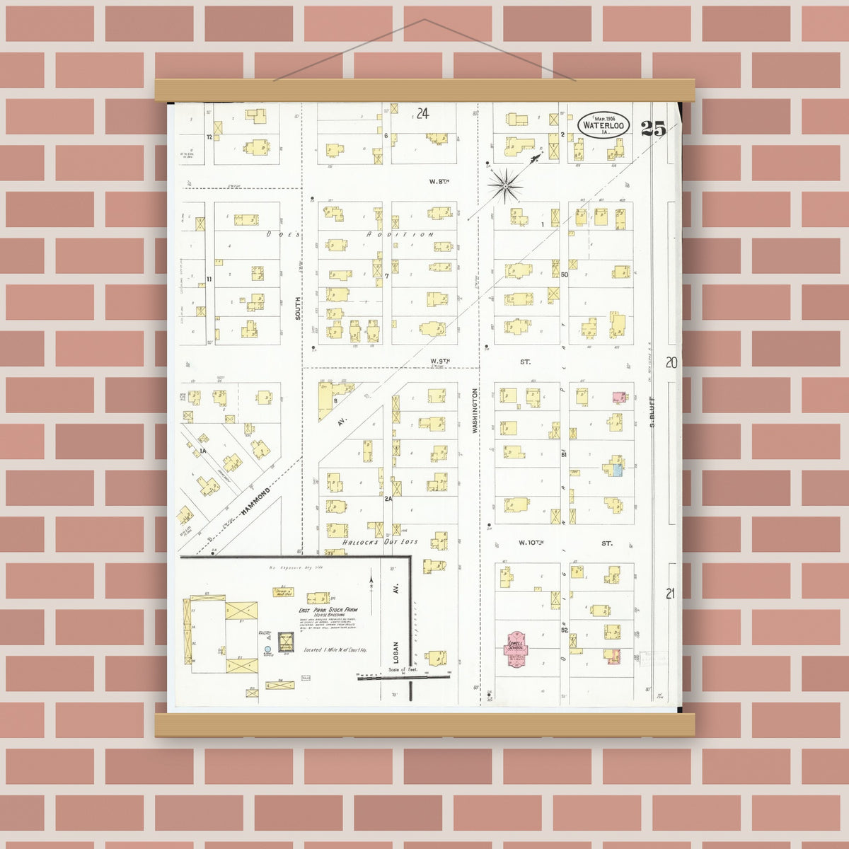 Old map wall art mockup — magnetic wood frame on brick wall — Sanborn Fire Insurance Map from Waterloo, Black Hawk County, Iowa (1906), Sheet #0025