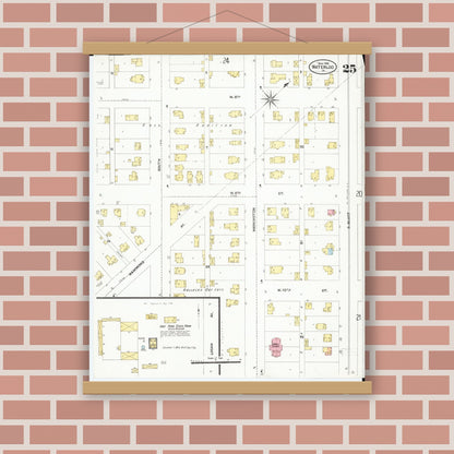 Old map wall art mockup — magnetic wood frame on brick wall — Sanborn Fire Insurance Map from Waterloo, Black Hawk County, Iowa (1906), Sheet #0025