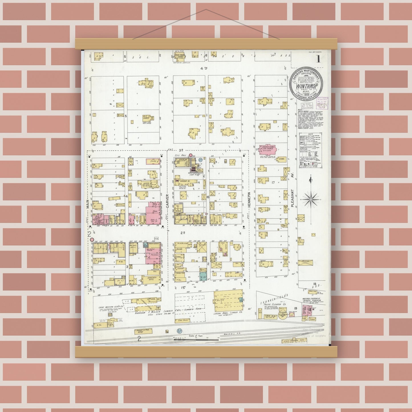 Old map wall art mockup — magnetic wood frame on brick wall — Sanborn Fire Insurance Map from Winthrop, Sibley County, Minnesota (1905) - Complete Map Set